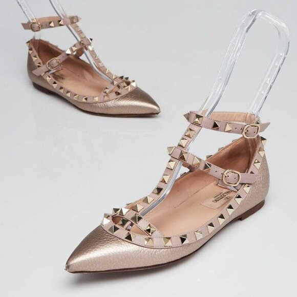 Valentino Metallic Pink Leather Rockstud T-Strap Flats Size 4.5/35 - Picture 1 of 5